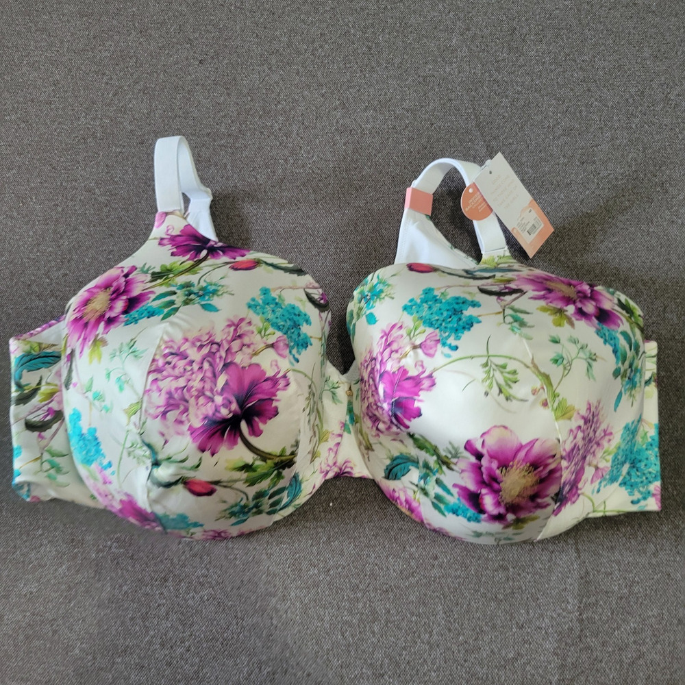 Cacique Bra 48F White Floral Back Smoother Lightly Lined Full Coverage